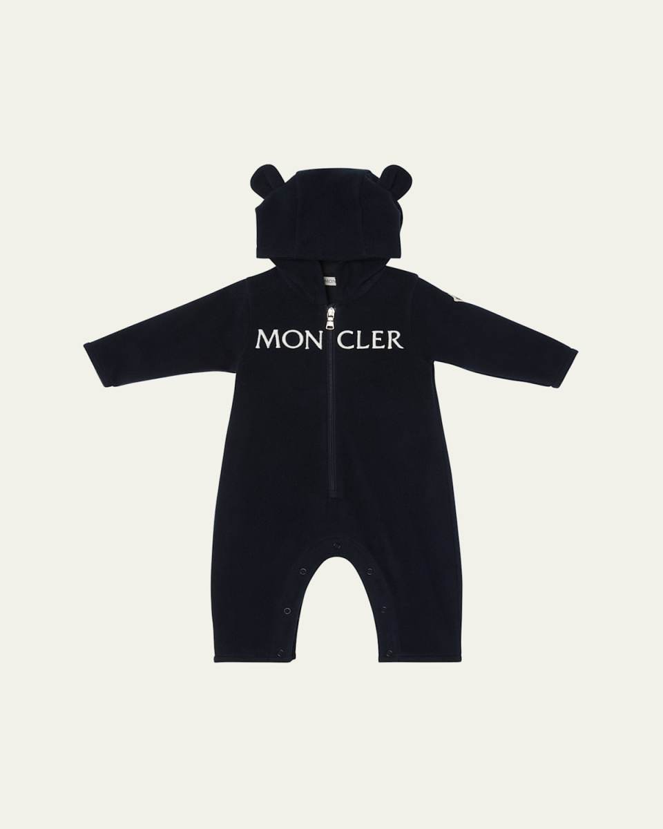 Boy's Hooded Logo Coverall Romper, Size 1M-3T